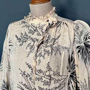 ba&sh Ruffle Button Down Top | Size 0 | Cream Black Floral Blouse